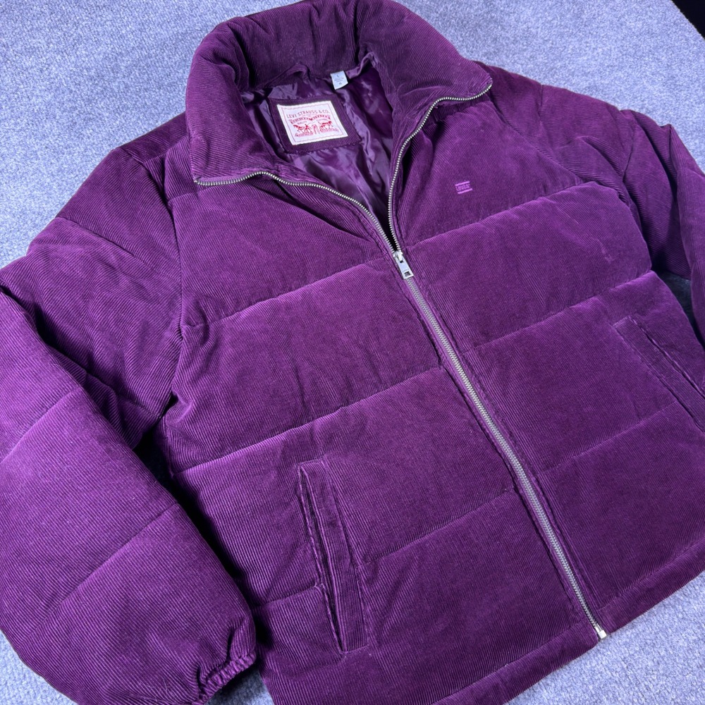 Levis Womens Corduroy Puffer Jacket Purple Full Zip Quilted Coat Large
